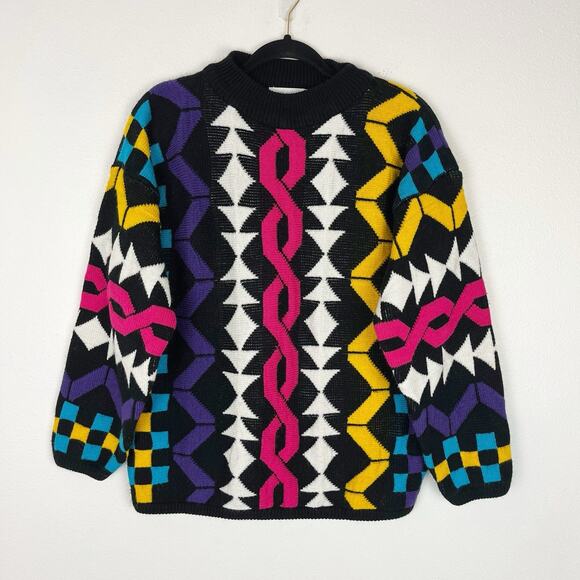 VTG Womens Chunky Knit Sweater Pullover Black Bright Abstract Retro 80s 90s M - Picture 1 of 6